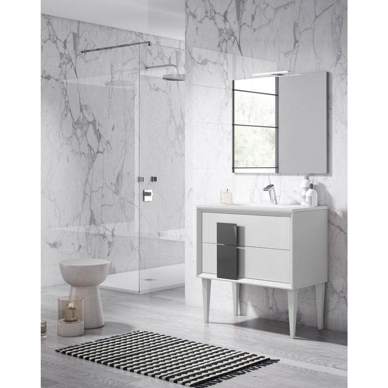 Lucena Bath 32" Décor Cristal Freestanding Vanity in White/Black/Grey and glass handle